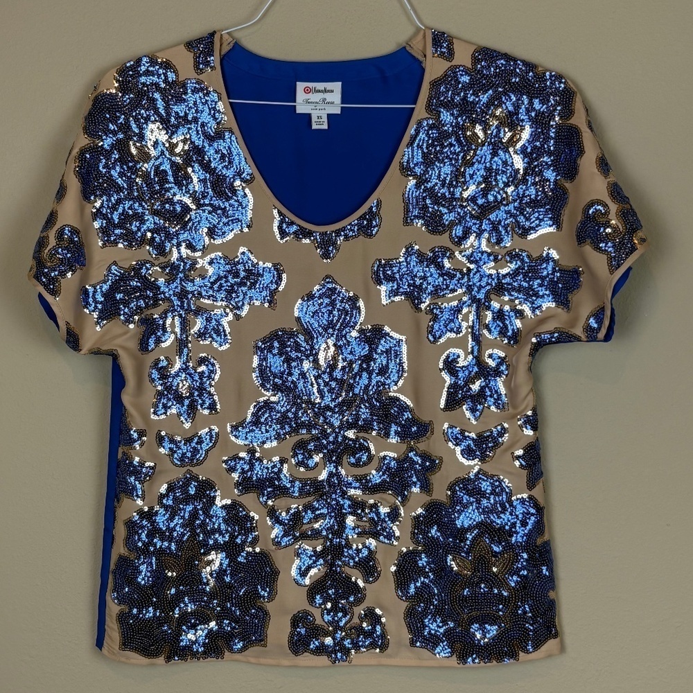 Neiman Marcus Tracy Reese Beige w/ Blue & Gold Sequin Floral Embellishments Top